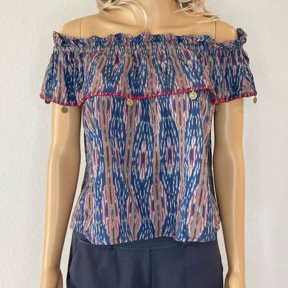 THML XS Ikat Off Shoulder Flutter Sleeve Coin Tassel Boho Cropped Top - Picture 5 of 12